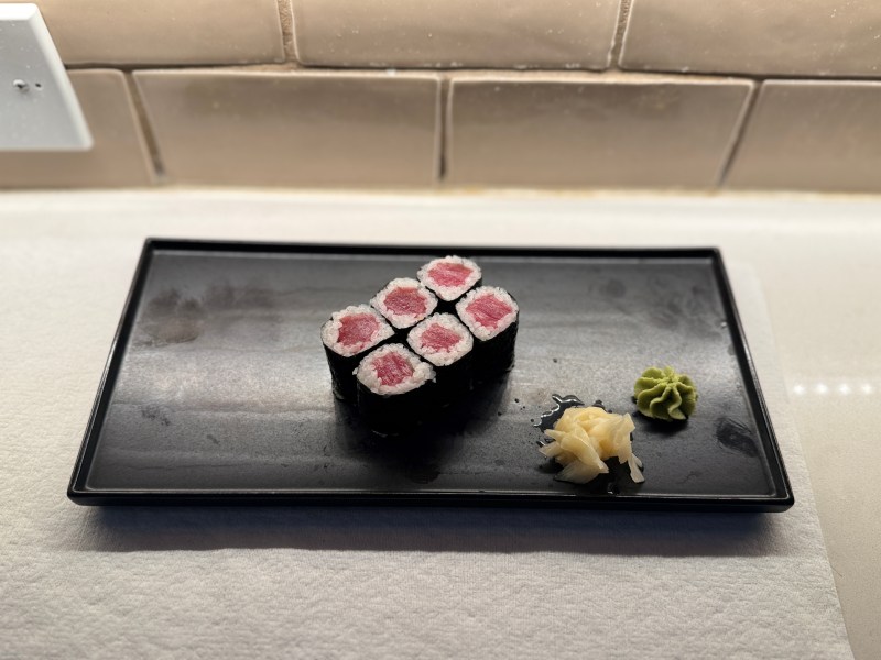 Fresh tuna roll prepared with sushi rice and nori