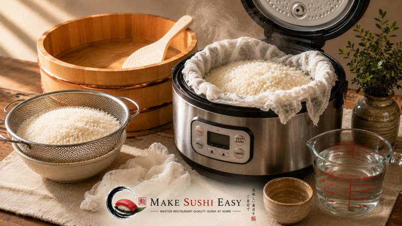 Sushi rice cooking equipment and ingredients
